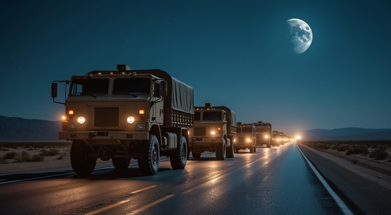 AI generated image by FLUX.1-pro: fila de camiones militares en una carretera por el desierto durante la noche con luna y estrellas