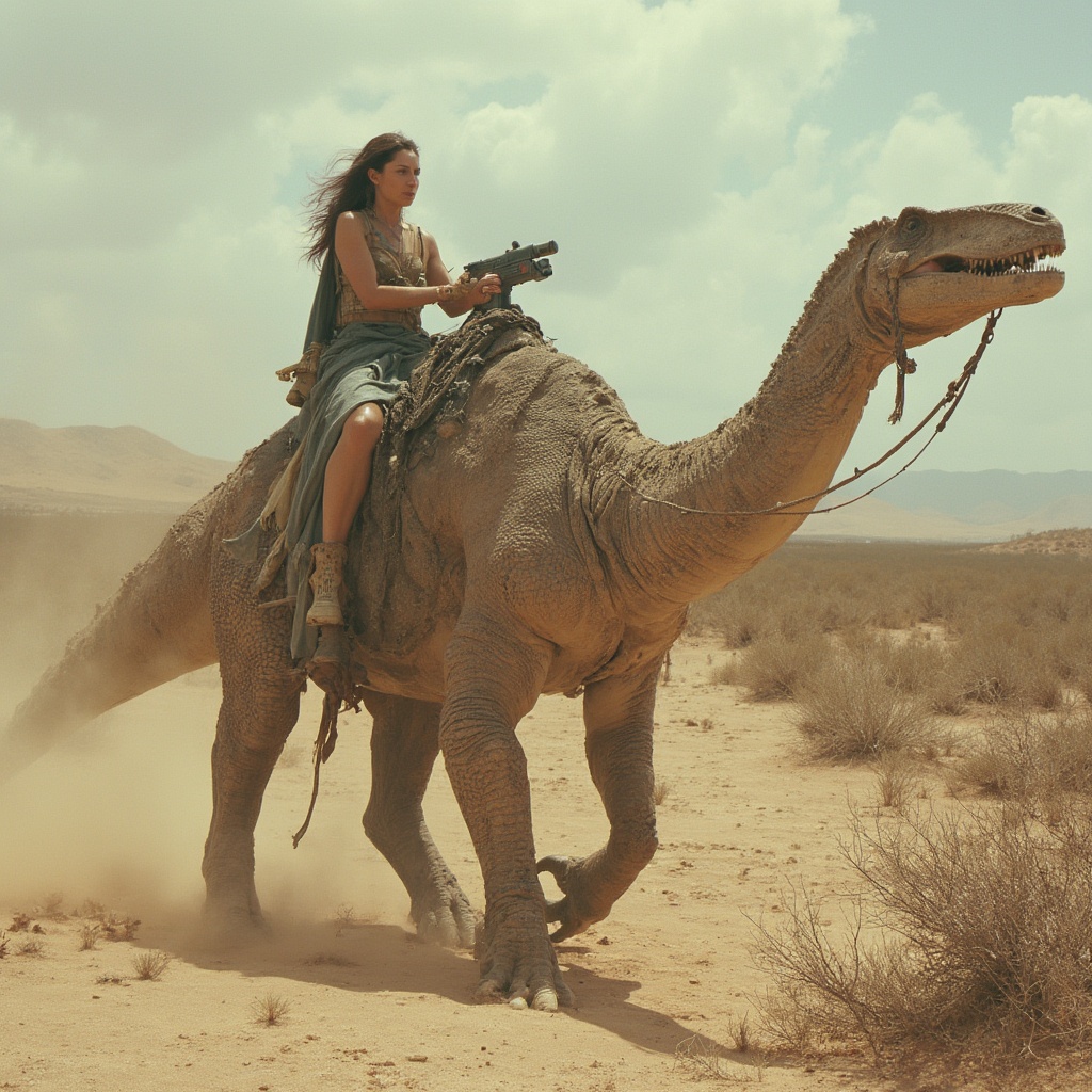 AI generated image by FLUX-Realism-Lora: UNA CHICA EN UN DESIERTO CON UN DINOSAURIO