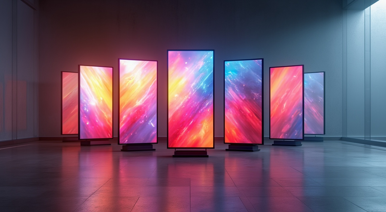 AI generated image by FLUX.1-pro: Realistic image of 6 very (thin vertical screens) WITH AN ASPECT RATIO OF 1:4, separated from each other by 50 inches. Modern style, minimalist background, playing a colorful video