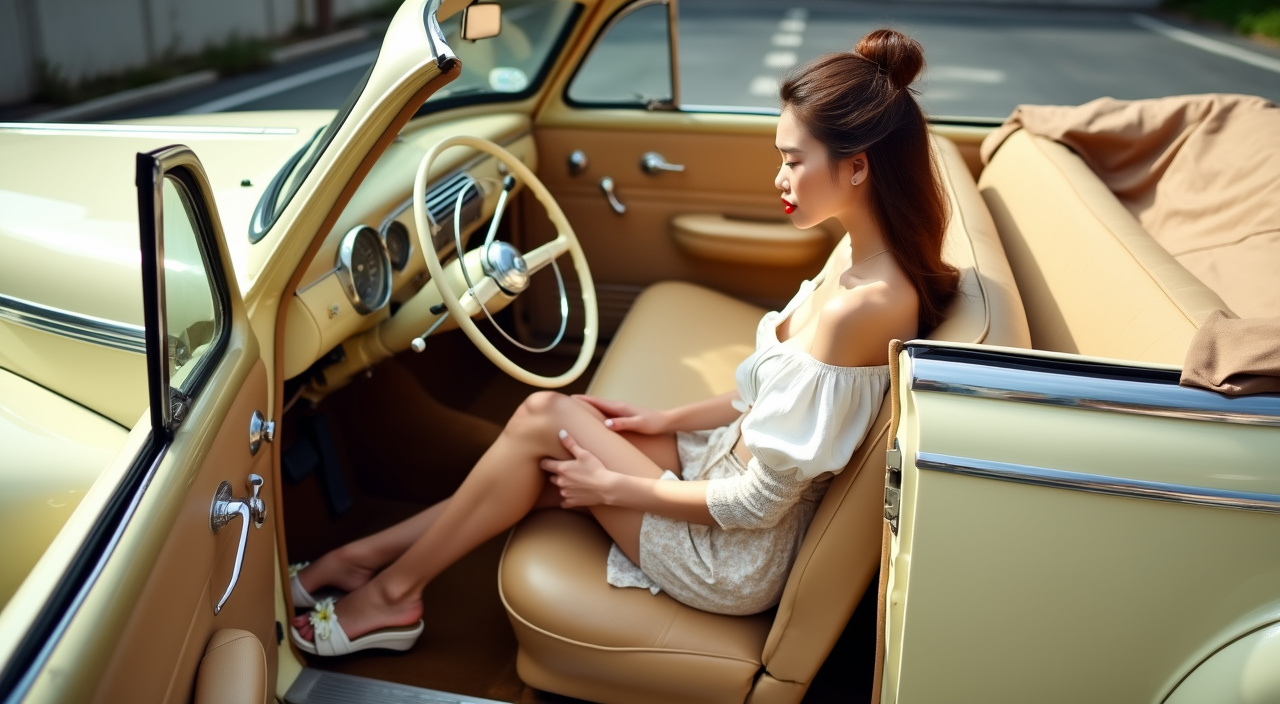 AI generated image by FLUX.1-pro: Top level of a parking garage on a sunny day. Impeccably restored cream 1946 Chevrolet convertible with the top down. High bench front seat tan cloth set toward the back Light tan floorboard carpet. Lovely and very petite (150 cm tall) French woman with trim figure in early 50s sitting on seat next to the open door with legs underneath the steering wheel Thighs resting on seat, feet on floorboard. Pale complexion, long brown hair gathered in bun. Red lipstick. Eye makeup. White off-shoulder peasant blouse with 3/4 sleeves. Tight-fitting white floral pencil skirt hemmed above the knee. White leather high heel wedge slides with floral decoration on vamp. Camera positioned just outside and behind the open door. Focus on feet. Both feet visible.
