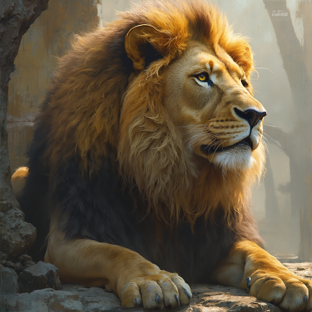 AI generated image by FLUX-Realism-Lora: antropomorphy Lion manage all world over Excel. Landlord, big boss