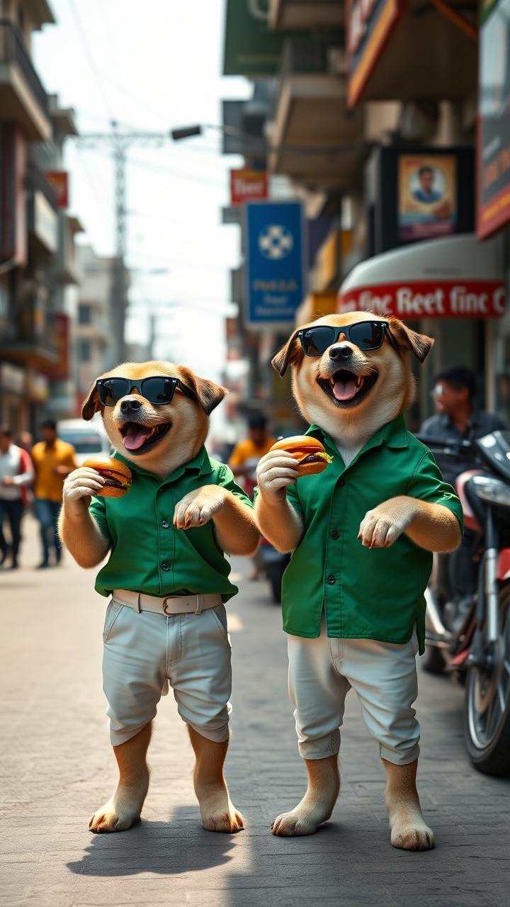 AI generated image by FLUX.1-schnell: 
"Two rich puppies standing confidently on the side of a busy Indian street. Both are wearing green shirts, white pants, and stylish black sunglasses. Each puppy is holding a burger in one hand while laughing proudly and arrogantly. They look clean, well-groomed, and full of attitude, showing a sense of superiority. The Indian street background is clear and detailed with shops, people walking, and typical Indian elements like signs, buildings, and vehicles — but no other animals or puppies in the scene. The focus remains only on the two rich puppies. The scene is ultra-realistic, cinematic, and in 16K resolution."
