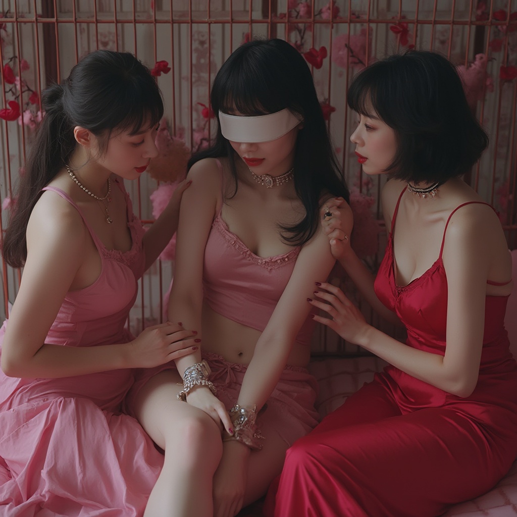 AI generated image by FLUX-Realism-Lora: Front view,full body view, a beautiful Chinese adult woman with porcelain skin,slim body, tired facial feature,sexy lips and black hair wearing a policewoman uniform and pink soft rhinestone leather dog collar snugly, her eyes are blindfolded with white leather blindfold, her hands are handcuffed together,her legs are handcuffed together,sitting on an oversized bed inside a big bird cage, another beautiful Chinese adult woman is wearing bright red evening gown, choker collar, bracelet, she is holding leash from first woma's collar and looking at first woman with seductive look, fixing first woman's collar tighter,dramatic dim lighting, ultra-realistic textures, soft fairy tale atmosphere, pink toys are surrounding beside her, dreamy focus on her face, sci-fi style, whimsical color grading, cinematic lighting