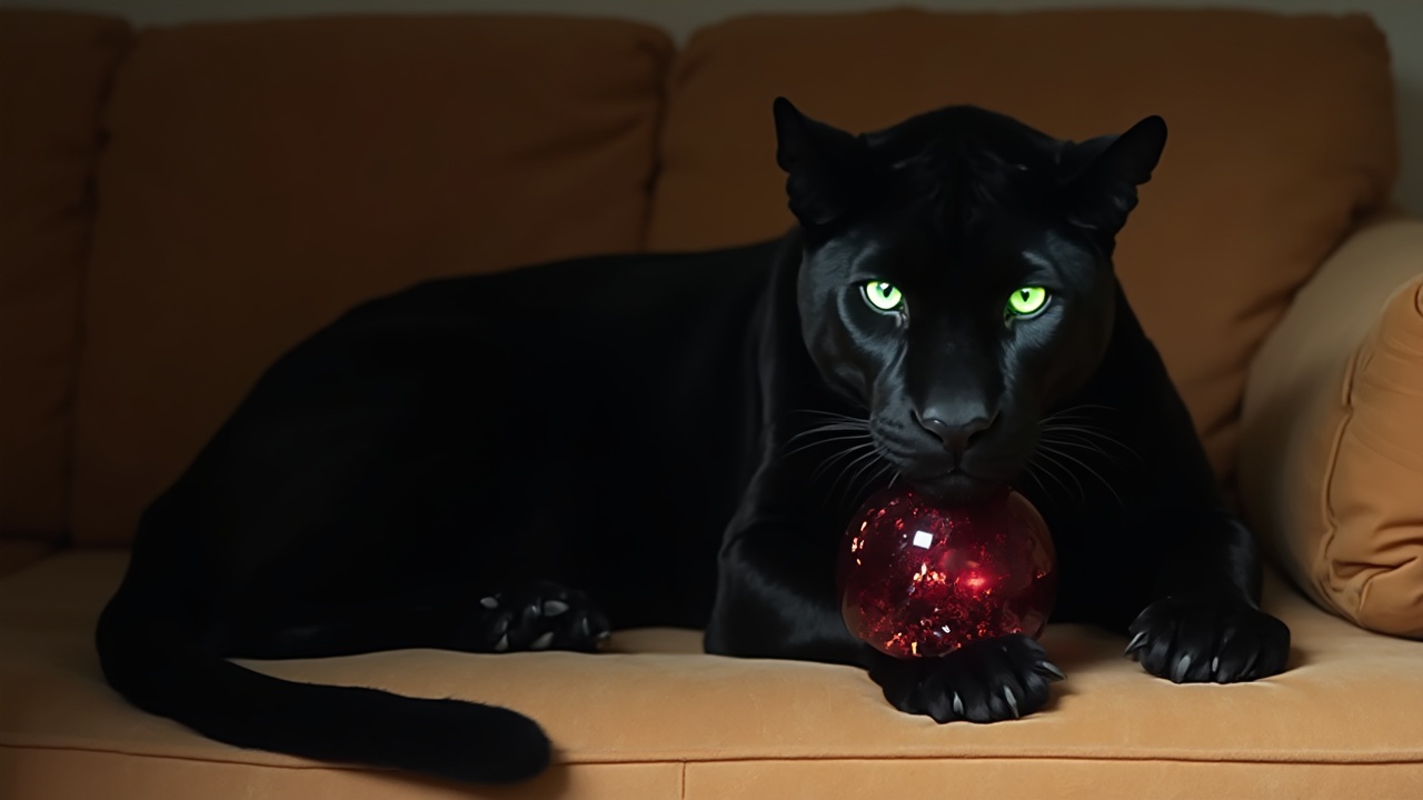 AI generated image by FLUX-Realism-Lora: Schwarzer Panther, sitzend, mit leuchtend grünen Augen, erhobener Kopf. Panther gähnt. Auf einer sandfarbenen Couch. Die rechte Pfote des Panthers auf einer roten Glaskugel 10 cm liegend. Hintergrund verschwommen. Kamera von seitlich links oben 110 cm, Beleuchtung: Lichtspot von rechts vorne auf den Kopf