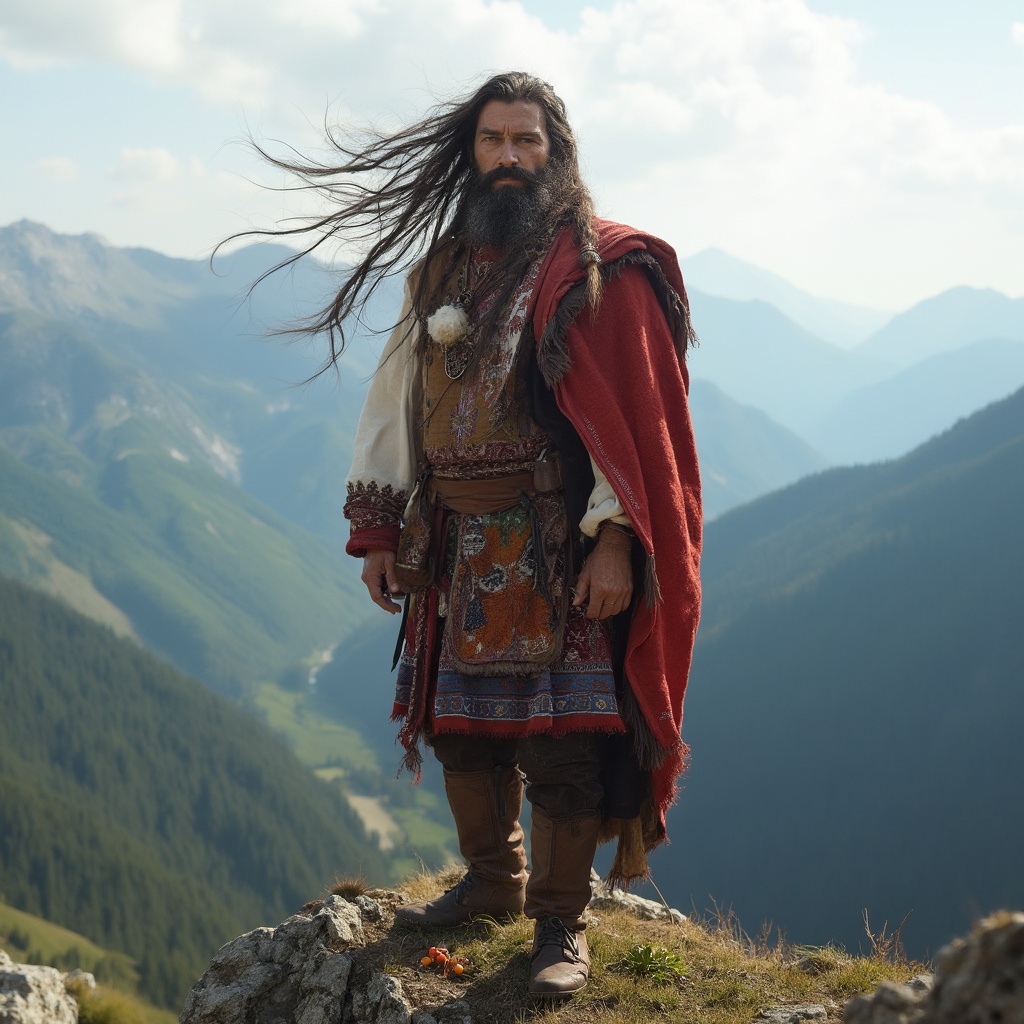 AI generated image by FLUX-Realism-Lora: A Bulgarian in national costume stands atop a high mountain peak, the wind tugging at his long hair.