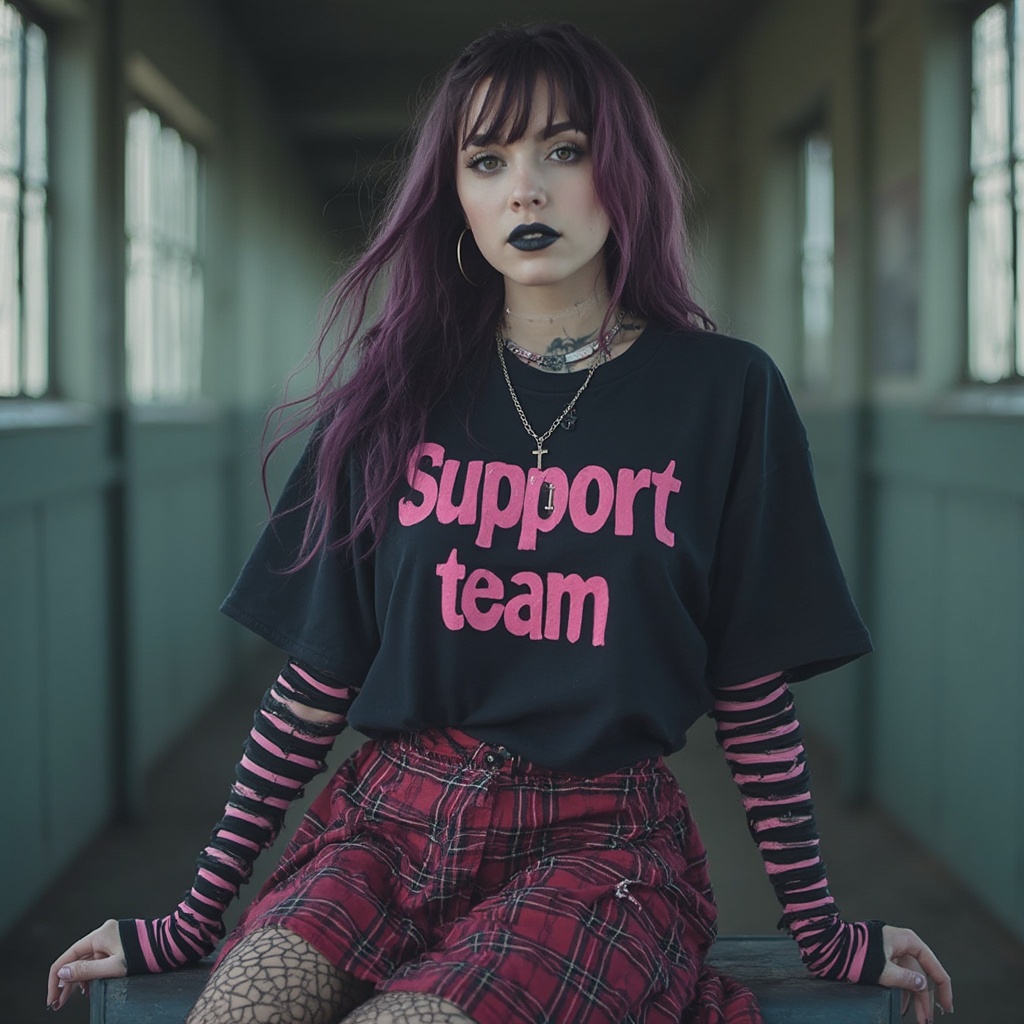 AI generated image by FLUX-Realism-Lora: IMG_1018HEIC, NSFW image,alt girl, digital art, professional photo shot, (best quality, masterpiece, aesthetic, colorful, dynamic angle, detailed), woman with dyed hair, black lips and eyeliner, wearing plaid skirt, ripped tights, striped sleeves, oversize t-shirt, chocker, cross necklace, detailed face, best aesthetic, soft light, text on her t-shirt says "Support team", BIG LETTERS, pink letters
