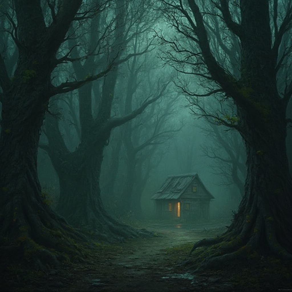 AI generated image by FLUX-Realism-Lora: "Create a hyper-detailed, atmospheric digital painting of a dense, eerie forest at twilight. The trees should be towering and gnarled, with intricate textures of bark, moss, and twisted roots. The forest floor is covered in a thick layer of fallen leaves, scattered branches, and faint mist. In the background, barely visible through the shadows, is a small, weathered wooden cabin with a faint, ominous glow emanating from its windows. The overall mood should feel heavy, foreboding, and mysterious, with a dark, muted color palette dominated by deep greens, blacks, and grays. The lighting should be dim, with subtle rays of fading light piercing through the canopy, casting long, haunting shadows. The atmosphere should evoke a sense of unease and tension, as if something unseen is lurking in the darkness."
