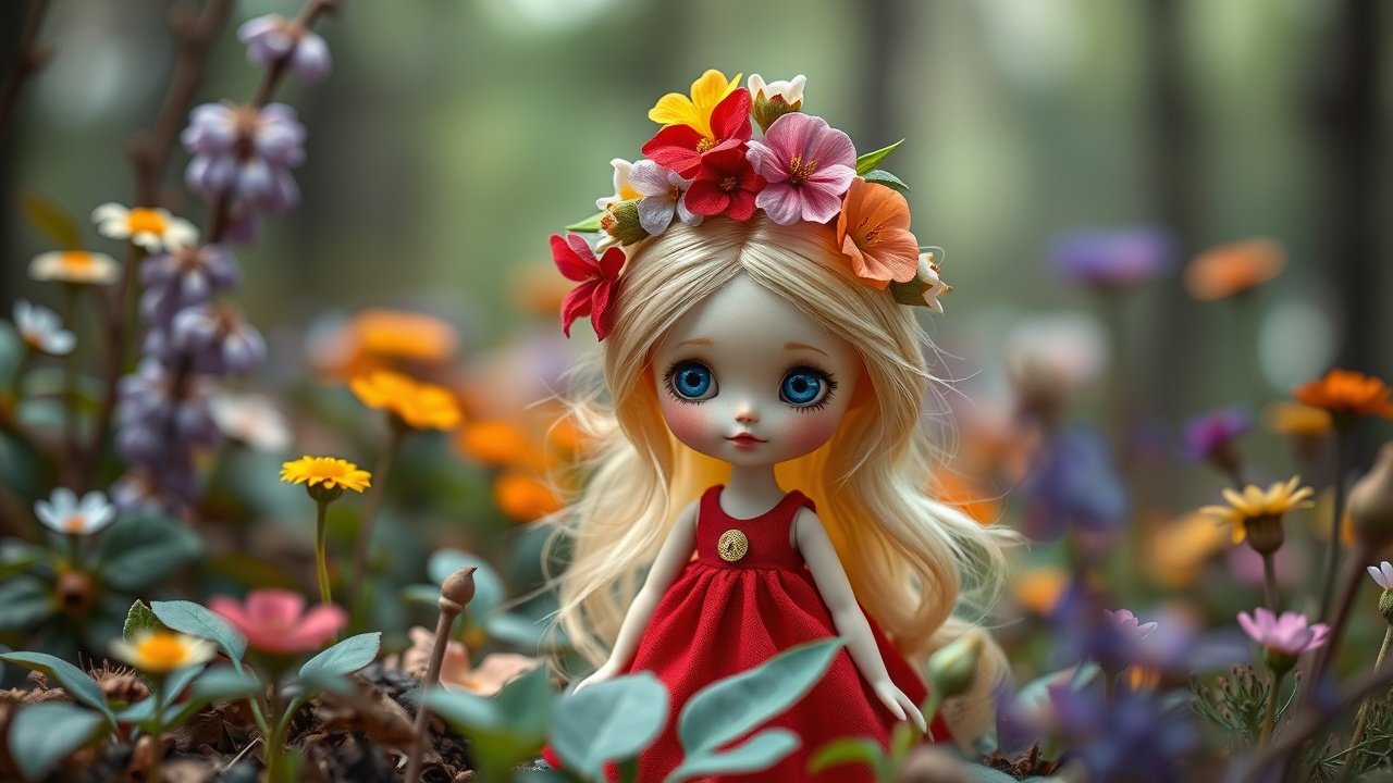 AI generated image by FLUX.1-schnell: Gorjuus style doll in the garden flowers on her head , blue eyes  , tiny, blonde, red dress, landscape , colorful , forest 