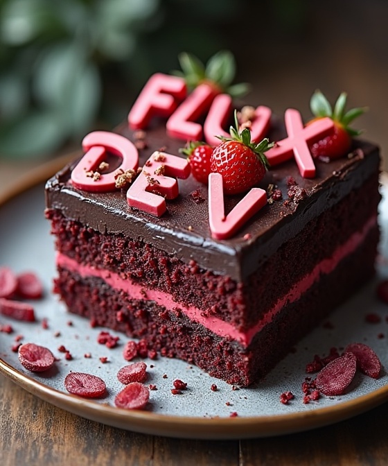 AI generated image by FLUX.1-image-to-image: black forest gateau cake spelling out the words "FLUX DEV", tasty, food photography, dynamic shot