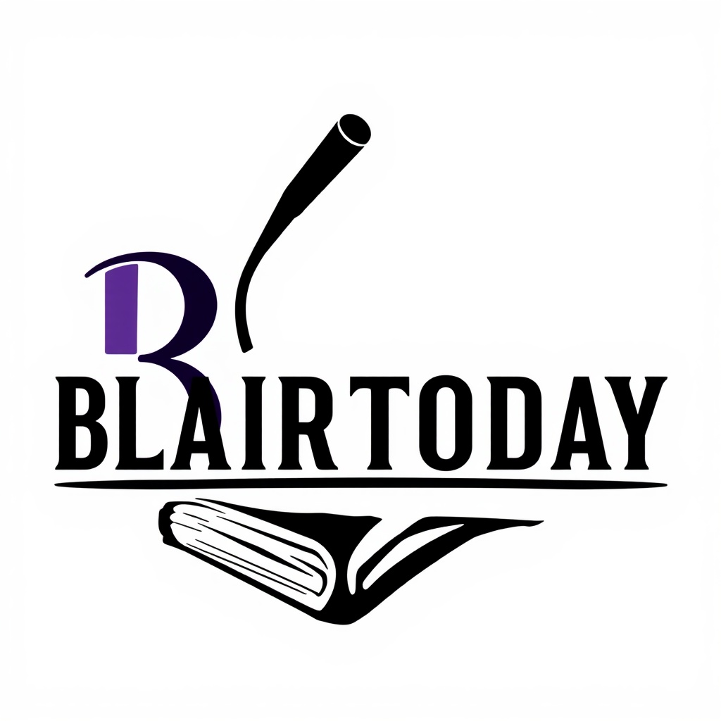 AI generated image by FLUX.1-schnell: Logo for a blair, nebraska newspaper with a newspaper or writing theme called "BlairToday".  Using colors of purple and black are good.  The logo should be on white background