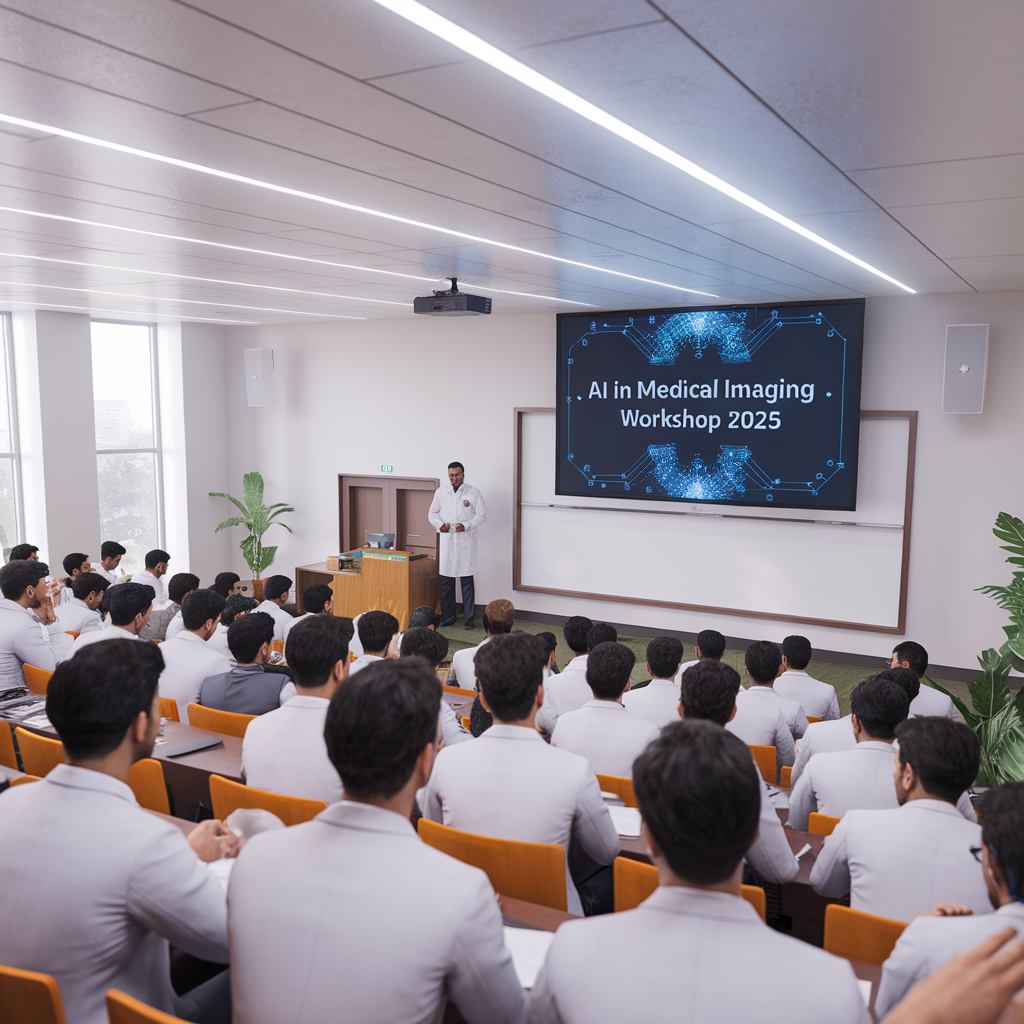 AI generated image by ideogram 2.0: Realistic image of Indian medical students attending a seminar in a modern lecture hall at AIIMS Mangalagiri, a digital projector showing the words ‘AI in Medical Imaging – Workshop 2025’, classroom filled with students, Indian faculty, bright indoor lighting