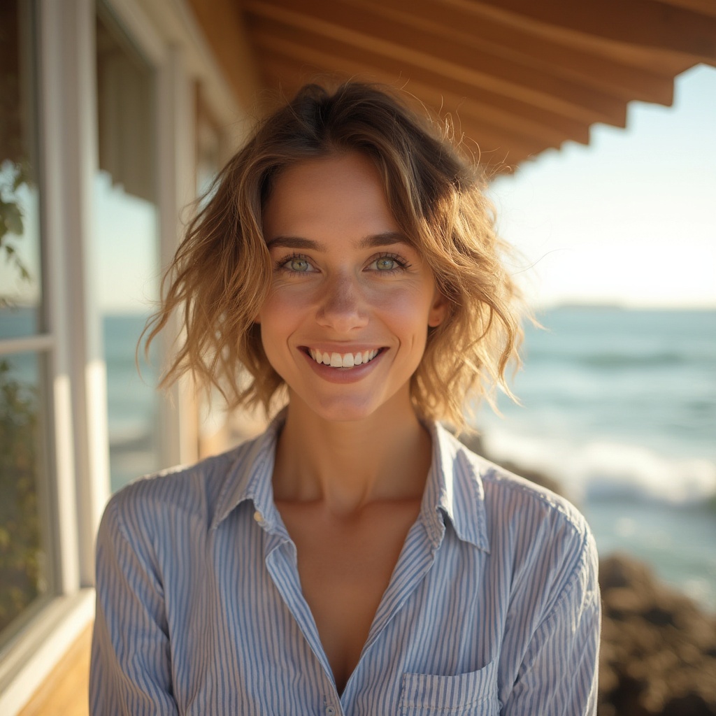 AI generated image by FLUX-Realism-Lora: “A meticulously detailed, hyper-realistic portrait of a Olivia, in 35s years old, with sun-kissed skin, bright green eyes, and a radiant smile. Her wavy, short-length light brown hair is casually tousled, framing her naturally beautiful face. She wears a light blue striped button-up shirt, slightly open at the collar, exuding an effortlessly elegant, beachside charm. The background captures a sunlit terrace with wooden beams, overlooking the ocean, with soft waves visible in the distance. The warm golden sunlight highlights her face, creating natural shadows and depth. Shot with a Nikon D5300, 50mm lens, f/2.8 aperture, ISO 200, soft bokeh background, and a slight vignette effect for a cinematic touch.”