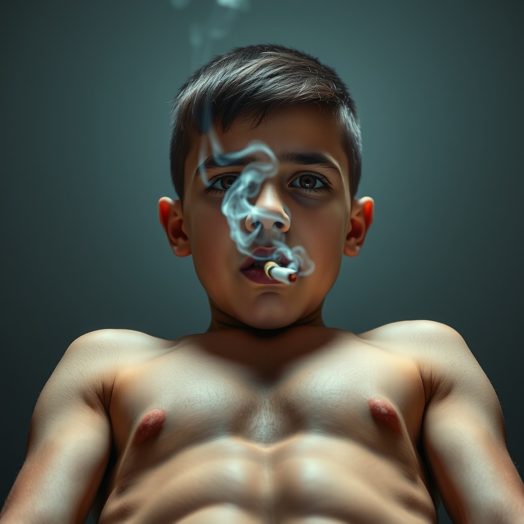 AI generated image by FLUX.1-schnell: Very Low angle shot of a Beautiful Young clever Boy 7-year-old elementary school boy with beautiful eyes Smoking a cigarette with hot white smoke coming out of the cigarette. Visible 6 pack abs and strong pectoral muscles. Boy looking downward directly at the camera with a mischievous clever expression on his face, Filmed from his abdominal muscles and up Visible 6 pack abs and pectoral muscles showing, with 6 pack abs and defined pectoral muscles visible. Short haircut. low angle shot