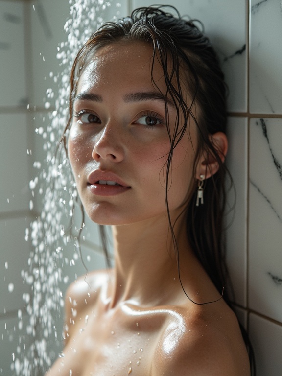 AI generated image by FLUX.1-image-to-image: Ultra realistic photo of the same woman from the reference image, standing under a modern shower in full growth, wet hair, water droplets on skin, natural facial features identical to reference photo, accurate face preservation, soft bathroom lighting, white marble tiles, cinematic photography, realistic skin texture, shallow depth of field, lifestyle magazine quality, natural body proportions, highly detailed, 85mm lens, photorealistic, professional photography

