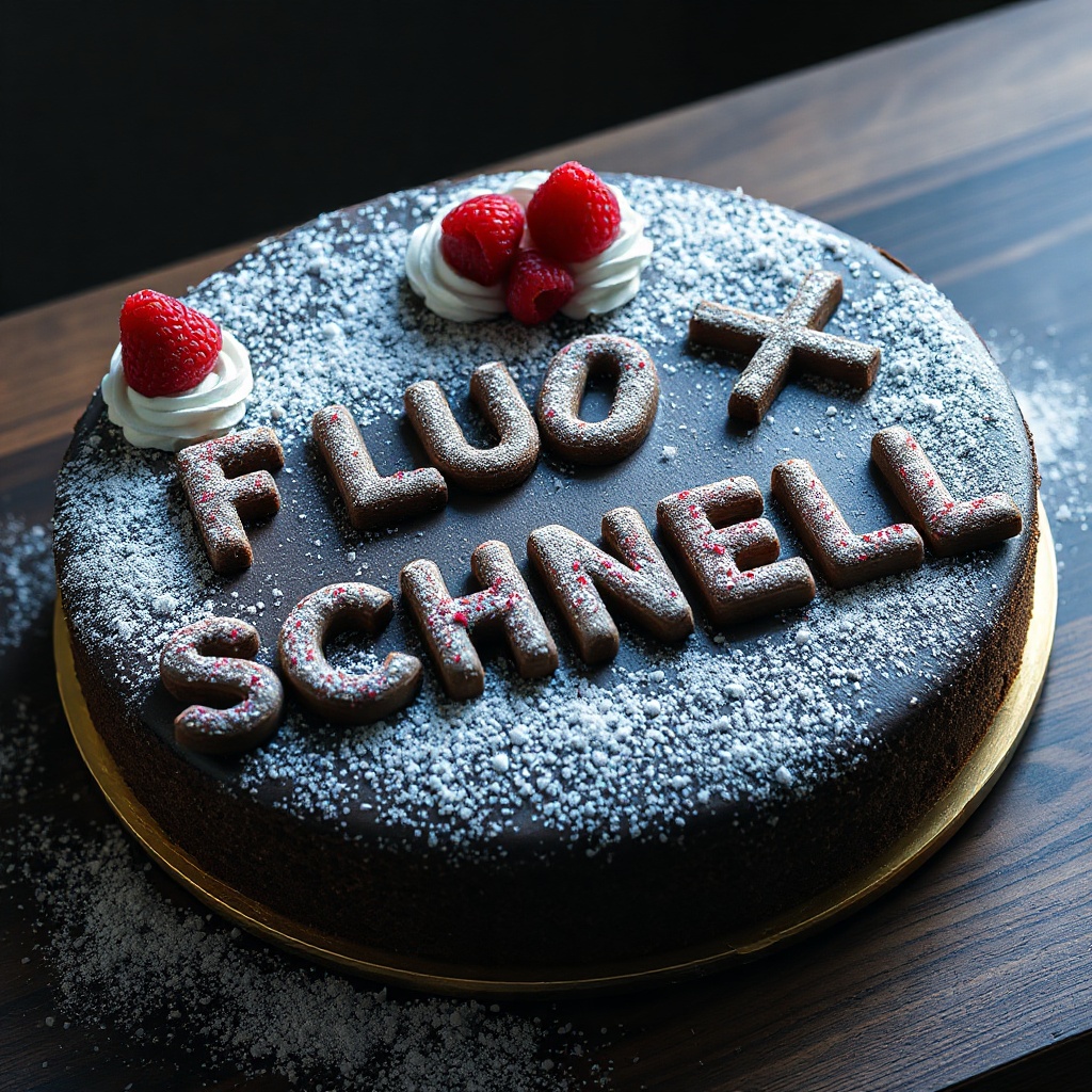 AI generated image by FLUX.1-schnell: black forest gateau cake spelling out the words "FLUX SCHNELL", tasty, food photography, dynamic shot