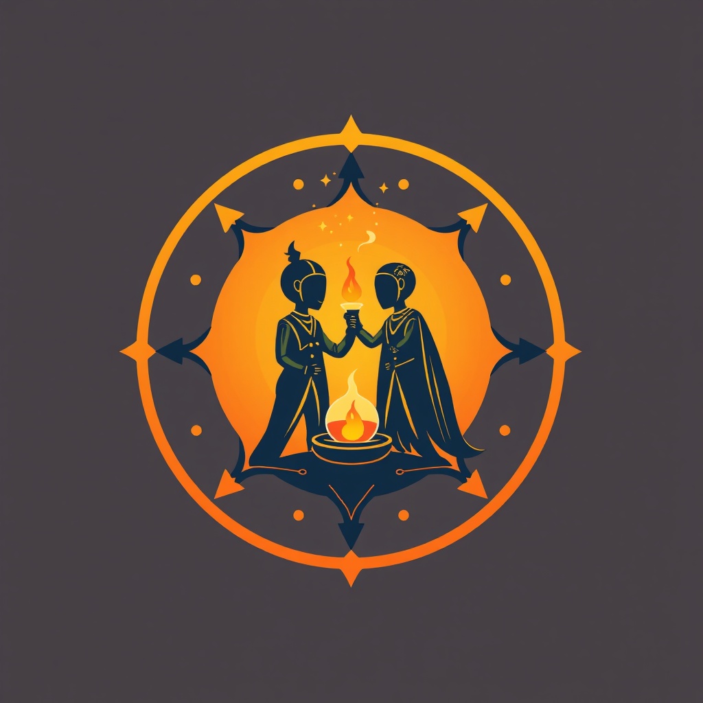AI generated image by FLUX.1-schnell: Draw a Logo that is also a conceptart that symbolizes alchemist friends and ai agents working in synergy. High quality. Everything should look nice and warm