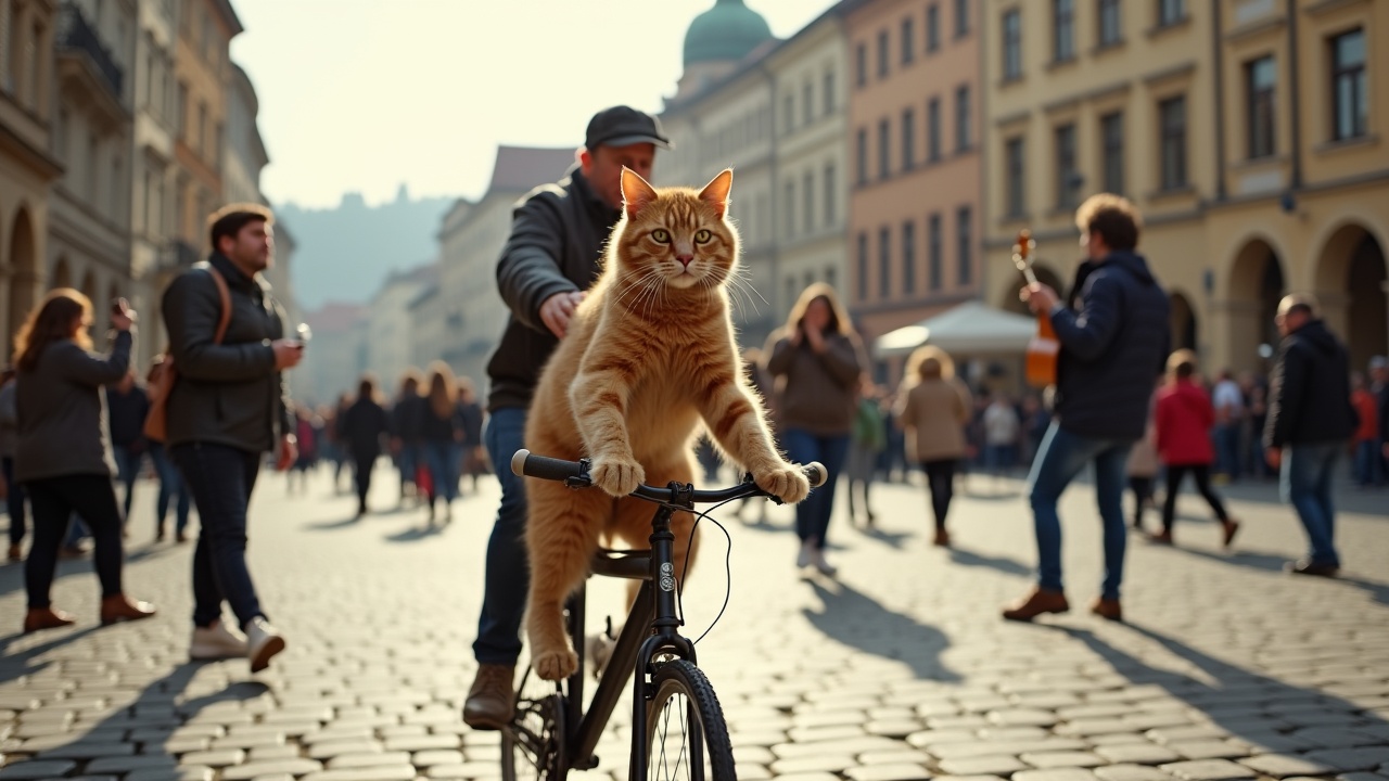 AI generated image by FLUX.1: A close-up photograph of a cat pedaling energetically on a bicycle, old town Square in Prague. Nobody sits on a camel! Tourists surrounding, some taking photos, others walking. Musicians playing on the side, a painter capturing the scene on a canvas. Morning light, soft shadows, rich textures of the cobblestones, Vltava river visible in the background, subtle lens flare. Photorealistic, Canon EOS R5, 85mm lens, f/1.4, vibrant colors, natural focus, cinematic atmosphere