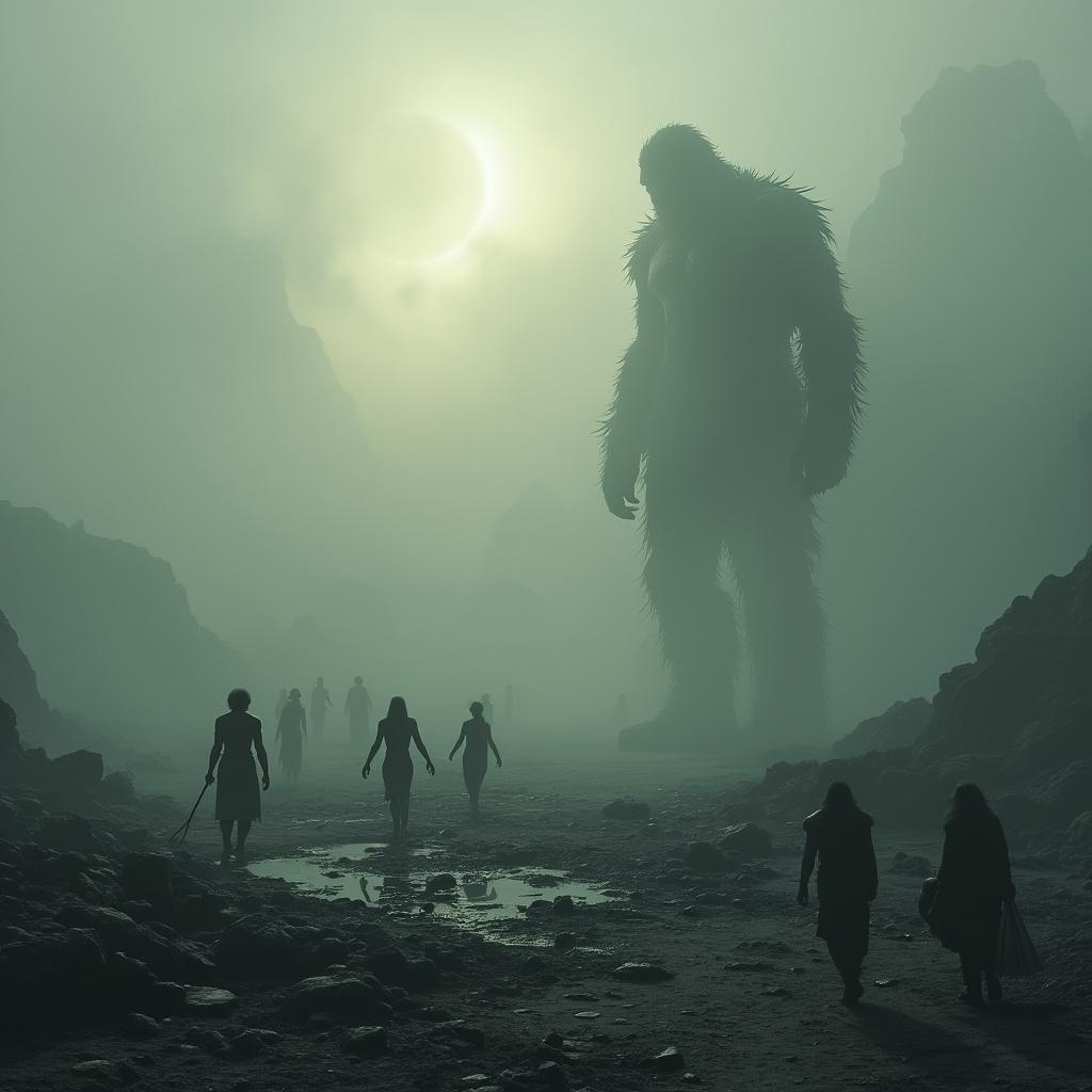 AI generated image by FLUX.1-pro: Ancient earth covered in fog, shadowy giants walking among primitive humans, surreal light