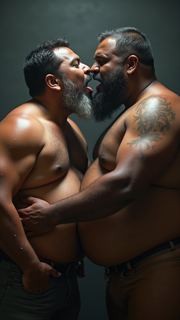 AI generated image by FLUX.1: Danny who is a big pot bellied, obese, dark skinned, hairy, grey haired, lustful, macho, matured hairy dark Tamil alpha male math teacher with thick eyebrows, full plump lips, thick beard and very big beefy and muscular chests is holding Tommy, a stocky student. Danny and Tommy are having a secret affair after class. Both Danny and Tommy are completely naked without clothes on and wet all over. Tommy is caressing Danny's masculine, hairy, big, fat, dark skinned pot round belly with a big belly button. Danny's dark skinned big hairy belly has a big round belly button that is deep. Danny also has fat beefy thighs and big feet. Danny is hugging Tommy very close with both his big strong arms and is spitting a lot of wet strands of saliva with in Tommy's wide open mouth who is sticking his tongue out for Danny. The saliva runs down all over Danny's beard, his big hairy belly, thick thighs and his thick feet. Danny has a thick, erect penis with  low hanging scrotum which is drenched in saliva.