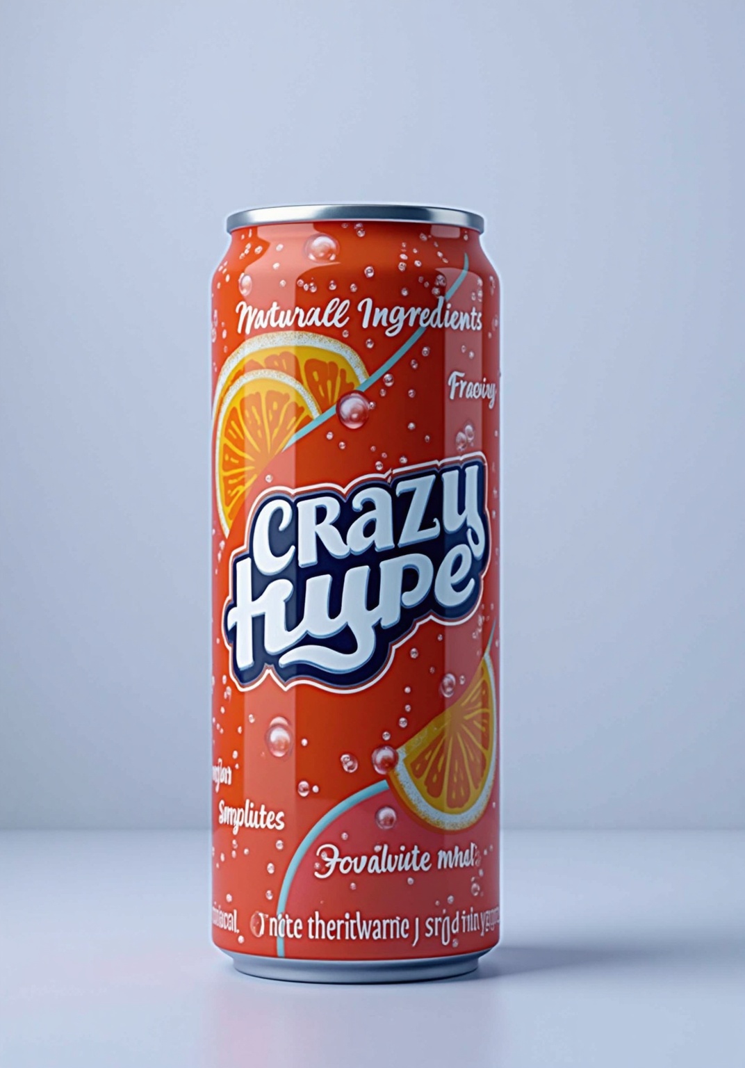 AI generated image by FLUX.1-image-to-image: a raw,hyper-realistic,UHD, 8k:: can design for an energy drink  trade mark Crazy Hype . Use a bright orange color for the background, with a white logo 'Crazy Hype' in bold font. Incorporate white bubbles throughout the design to create a fresh feeling. At the top of the can, add illustrations of fruit slices, such as grapefruit and mango, to emphasize the fruity flavor. Include phrases like 'Natural Ingredients' and 'Refreshing Energy' to highlight the product's natural qualities. The can should be placed against a light background to stand out and attract attention."
