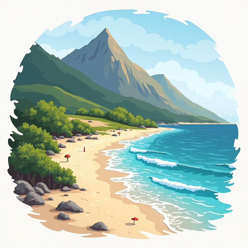 AI generated image by FLUX.1: a one colour vector based illsutration of a beach which leads into a hiking trail which leads to a mountain. the graphic is usable for a travel agency. 2d side view.