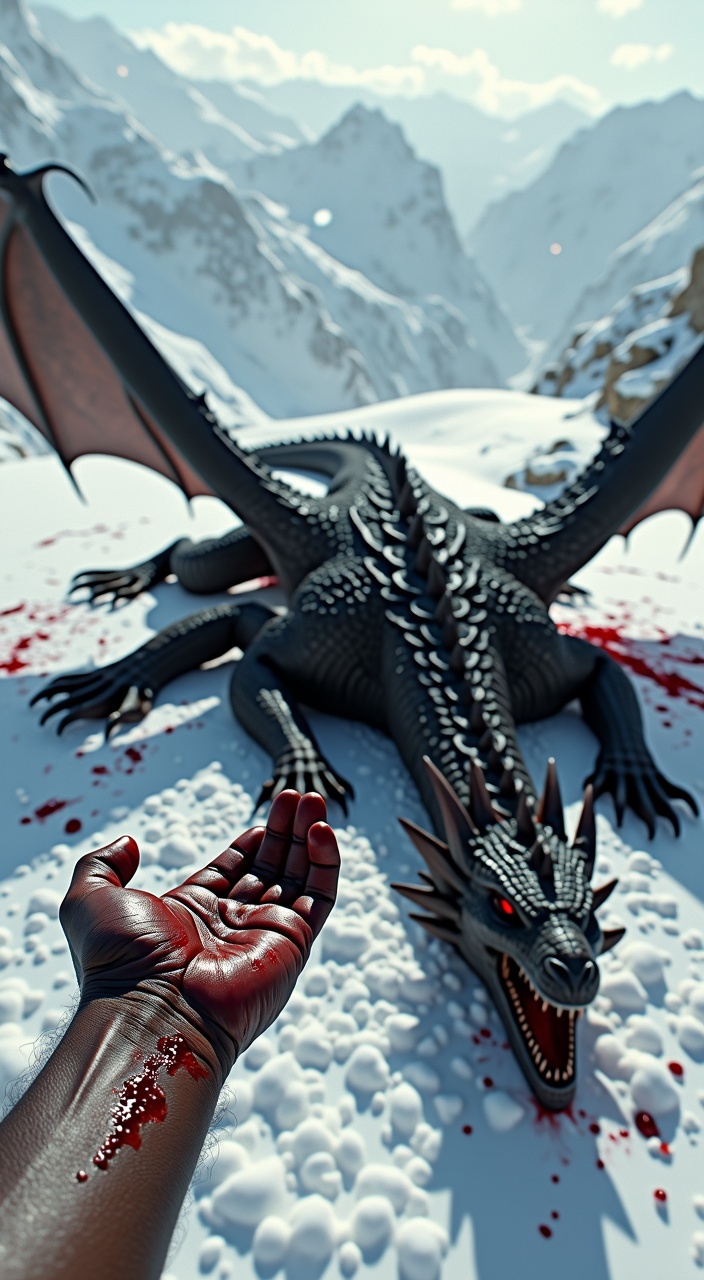 AI generated image by FLUX.1-pro: a first-person perspective of a dark-skinned individual’s bare right arm extended forward, with no clothing or trinkets adorning it. The palm and fingers of the hand are smeared with fresh blood, glistening under the cold light. In the background, a massive, lifeless dragon sprawls across a snowy mountain summit. The dragon’s dark, textured scales glisten faintly under the cold sunlight. Its large, tattered wings, spanning across much of the scene, are folded awkwardly and display visible tears and damage. The dragon’s body is powerful and muscular, with four distinct limbs splayed out unnaturally across the snow-covered ground. Blood stains the snow around the dragon, pooling and trailing from its wounds, blending with the soft, powdery texture of the surrounding terrain.

The scene is illuminated by bright, diffused sunlight, casting crisp shadows and enhancing the details of the snow, blood, and dragon’s injuries. The dragon’s immense wings and four limbs are emphasized, conveying its scale and majesty even in death. The vastness of the mountain range stretches into the distance under a crisp, cold sky, with faint snow flurries swirling in the wind. The atmosphere is silent and somber, capturing the raw intensity and aftermath of a hard-fought battle.