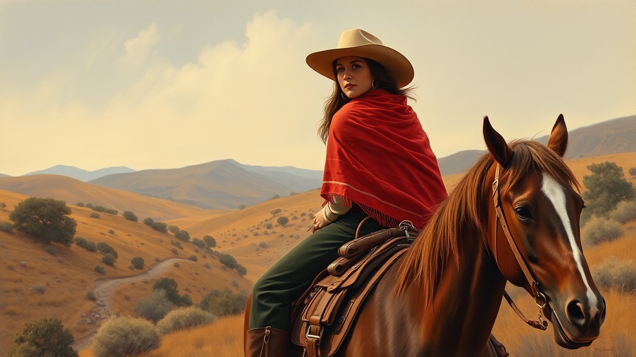 AI generated image by FLUX.1-schnell: A painting of an cowgirl wearing a red shawl sitting on a horse in Texas hill country in the style of Winslow Homer, muted palette 