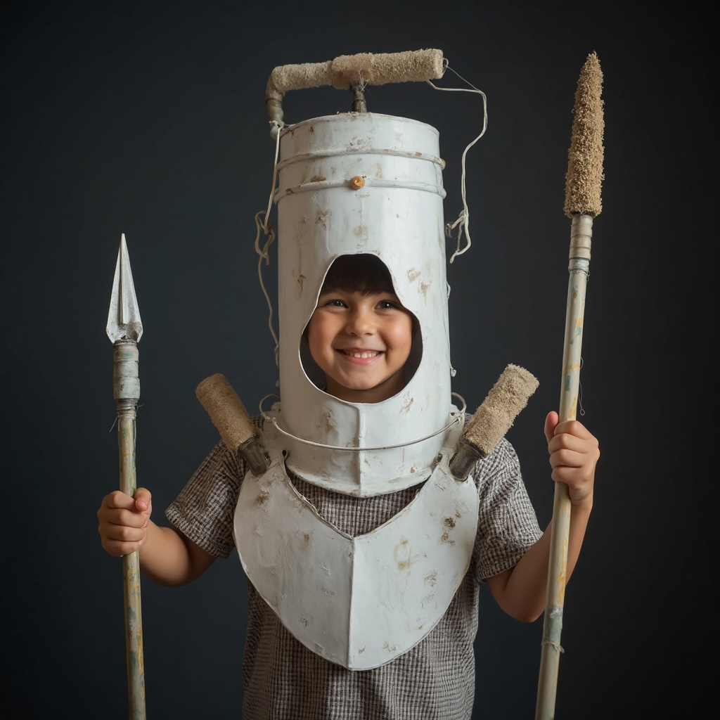 AI generated image by FLUX-Realism-Lora: A 5 year old kid with the bucket over his head. The bucket has a hole in it for kid's face. Paint rollers are mounted with the tape to the bucket as a decoration. Water pipe cut in half is put over each kid's shoulder to emulate knight's armour. A mop in kid's hands resembles a spear. The overall outfit looks cute and funny. The kid is glowing with happiness. The background behind the kid is of a solid dark, almost black color.