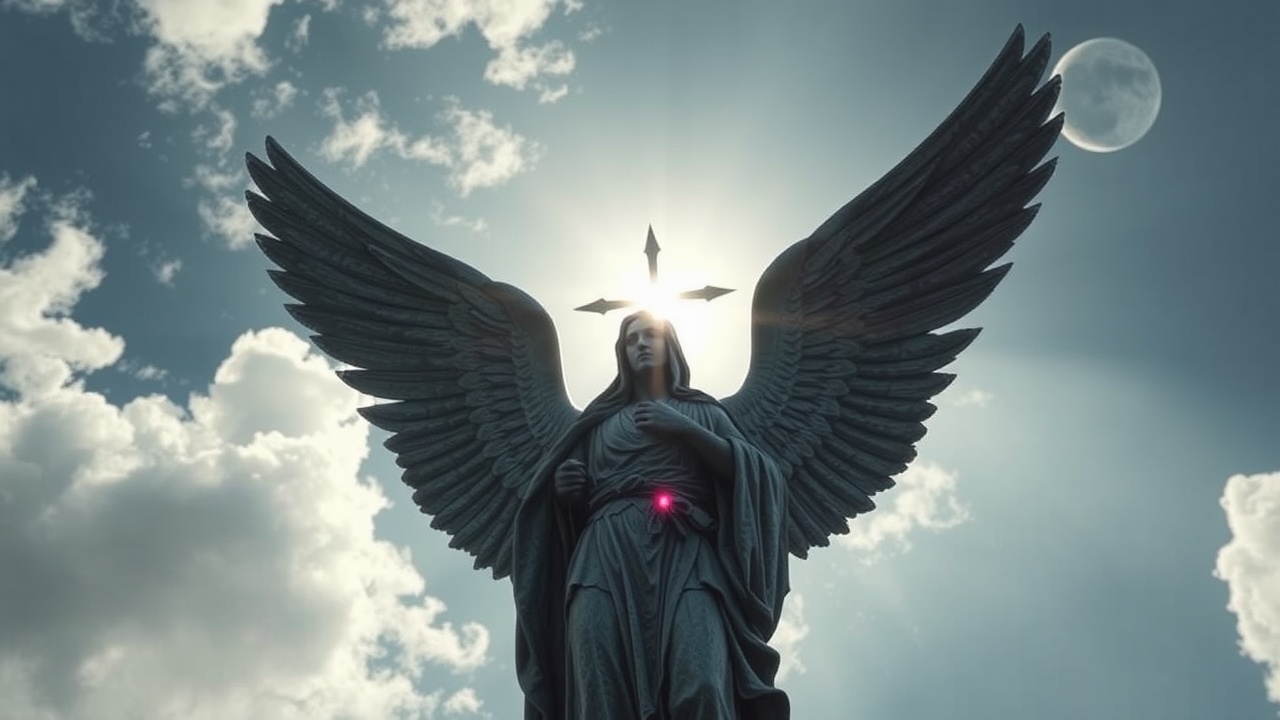AI generated image by FLUX.1-schnell: a picture of a statue of an angel with a star in the sky, youtube thumbnail, 8 k matte painting, angel of death, thumbnail, shadow of the cross, 8k matte painting, atheism god, dark souls style, ad image, adeptus astartes, image