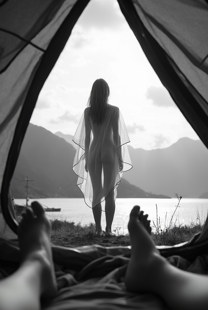 AI generated image by FLUX-Realism-Lora: A black-and-white photograph from inside a tourist tent, showing bare feet in the foreground. In the midground, the silhouette of a young woman is standing outside the tent with her back to the viewer, wearing thin transparent cape on her naked body. Her legs are shoulder-width apart. It's daytime, with a natural scene of mountains and a lake in the background

