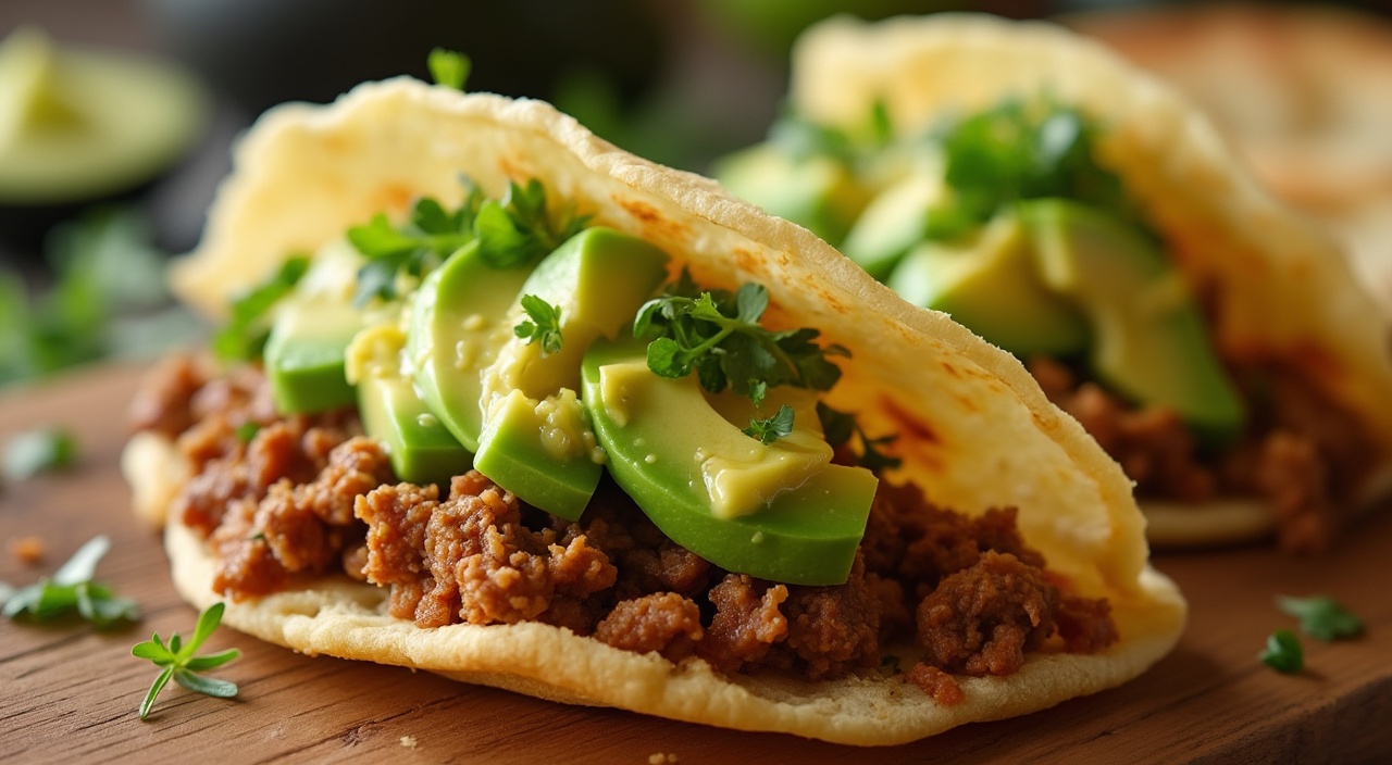 AI generated image by FLUX.1-pro: arepas de carne esmechada con aguacate y queso que esta mas cerrada
