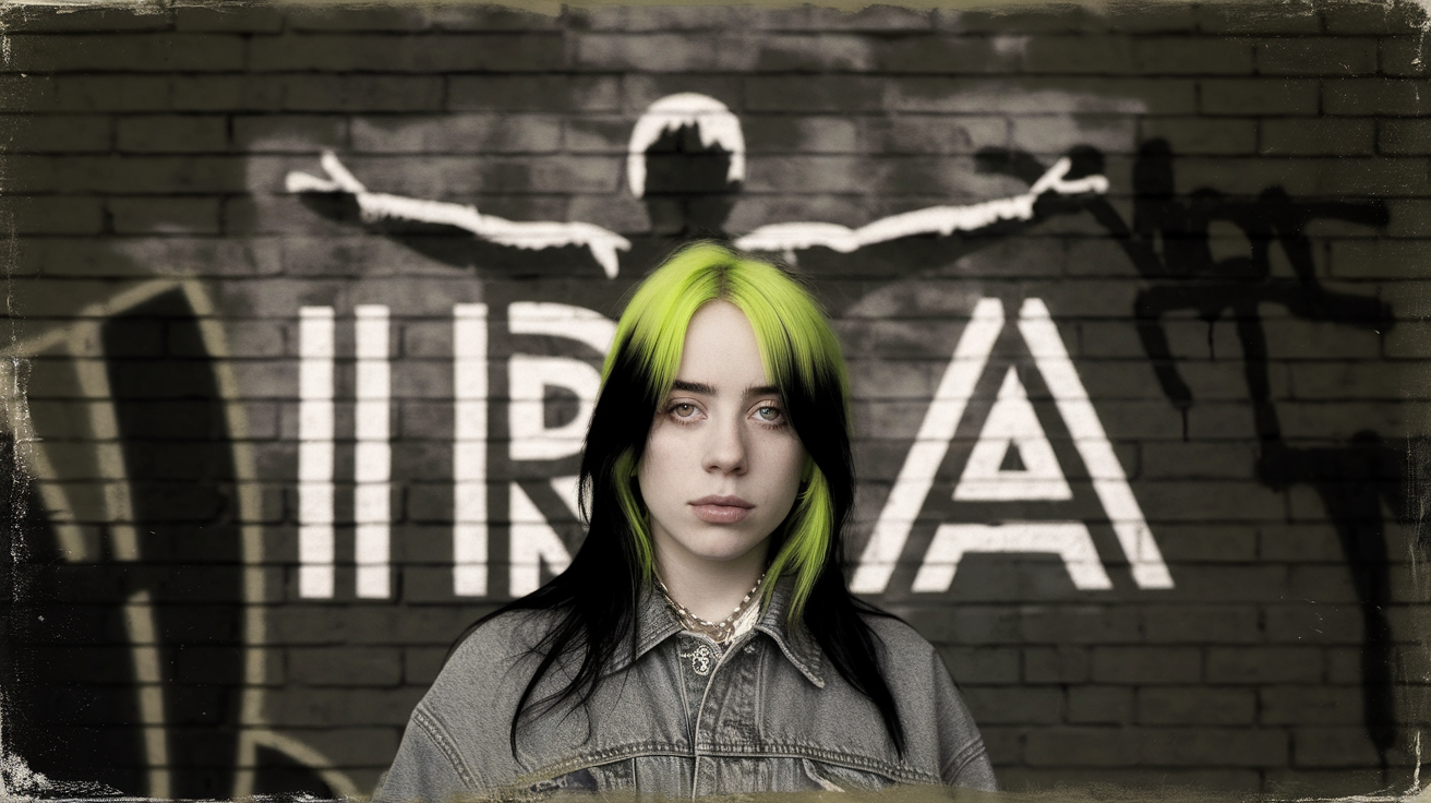 AI generated image by ideogram 2.0: singer Billie Eilish on a wall with the word IRA written on it