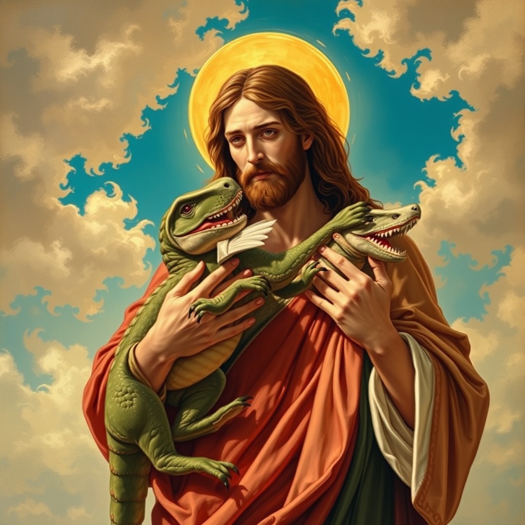 AI generated image by FLUX.1-schnell: Jesus Christ with Dino in his arms



