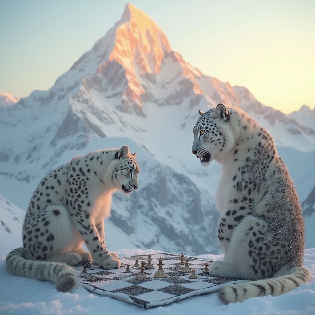 AI generated image by FLUX-Realism-Lora: A majestic snow leopard, dressed in a pristine white coat, takes part in an unusual game of chess with a playful capybara on the summit of towering Mount Everest. The snow-covered peak serves as a breathtaking backdrop, with the sun setting behind, casting a warm, golden glow on the scene. The checkerboard, a stark contrast to the snow, adds an element of surrealism to this high-altitude encounter. all details and levels with extreme 4k quality and texture with 1000 megapixels allocated.