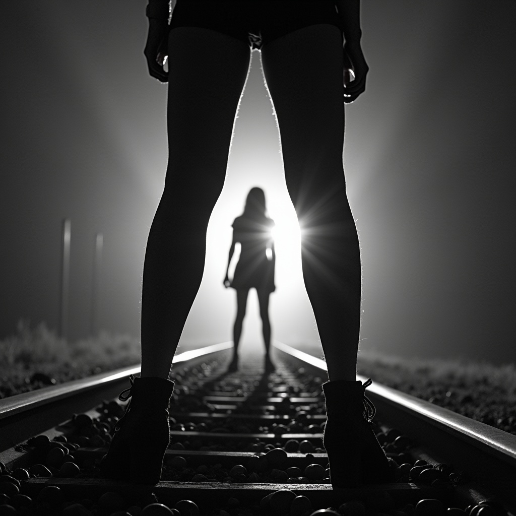 AI generated image by FLUX.1-image-to-image: A black-and-white central compositioned closeup photo at night. The silhouette of wide-spreaded a woman's legs stands with her back to the camera on railroad tracks, facing the background. A spotlight from the background shines between her legs. dramatic backlit lighting.
