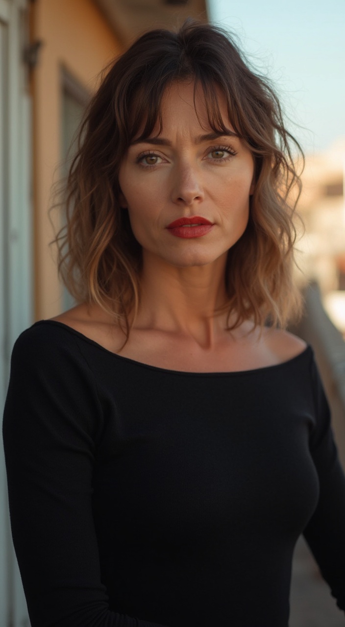 AI generated image by FLUX-Realism-Lora: high resolution 12k scene dynamic motion, realistic, cinematic Professional photograph from a Nikon Z6 III Mirrorless Camera with Nikon NIKKOR Z 24-120mm of a woman who is in her late 40s Her facial features include a slightly rounded face shape, expressive eyes with a hint of brown, a straight nose, and a serious face expression .She has shoulder-length, wavy, light brown hair with a fringe. Her skin tone is tanned. She has subtle wrinkles on her forehead and around her eyes, consistent with her age, and visible neck lines. Clothing She is wearing a Cotton black tight dress she has large breast size and red lipstick on her lips She is posing on a balcony she has eyeliner on and foundation on her natural lighting that softly illuminates the woman's face and body.  The lighting is even and diffused, without harsh shadows, casting a warm tone on the subject. The background is a pale, neutral tone, which helps draw attention to the woman. The soft lighting and subtle background contribute to a calm and intimate atmosphere