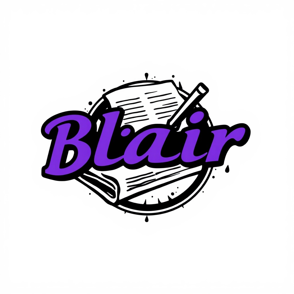 AI generated image by FLUX.1-schnell: Logo for a blair, nebraska newspaper with a newspaper or writing theme called "BlairToday".  Using colors of purple and black are good.  The logo should be on white background