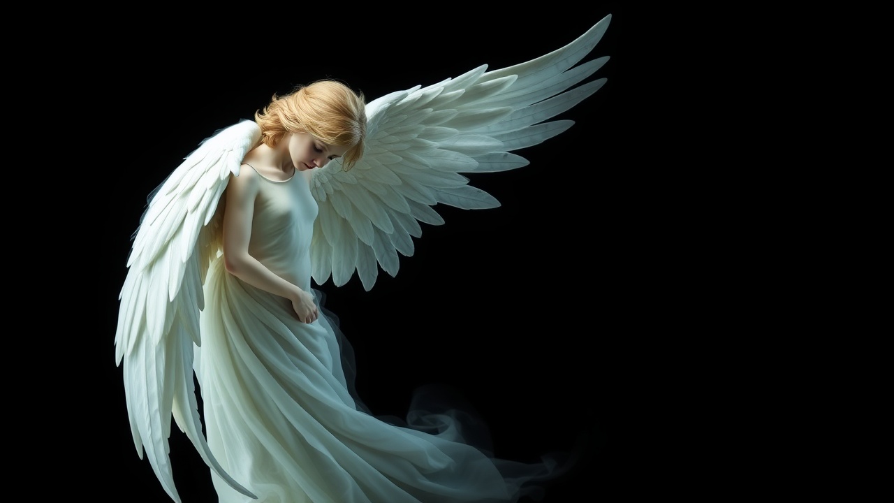AI generated image by FLUX.1-schnell: a angel on black background... mystical, etheral, heavenly, whole angel is in the image , nothing is out of frame... the angel is oriented sideways and looks down