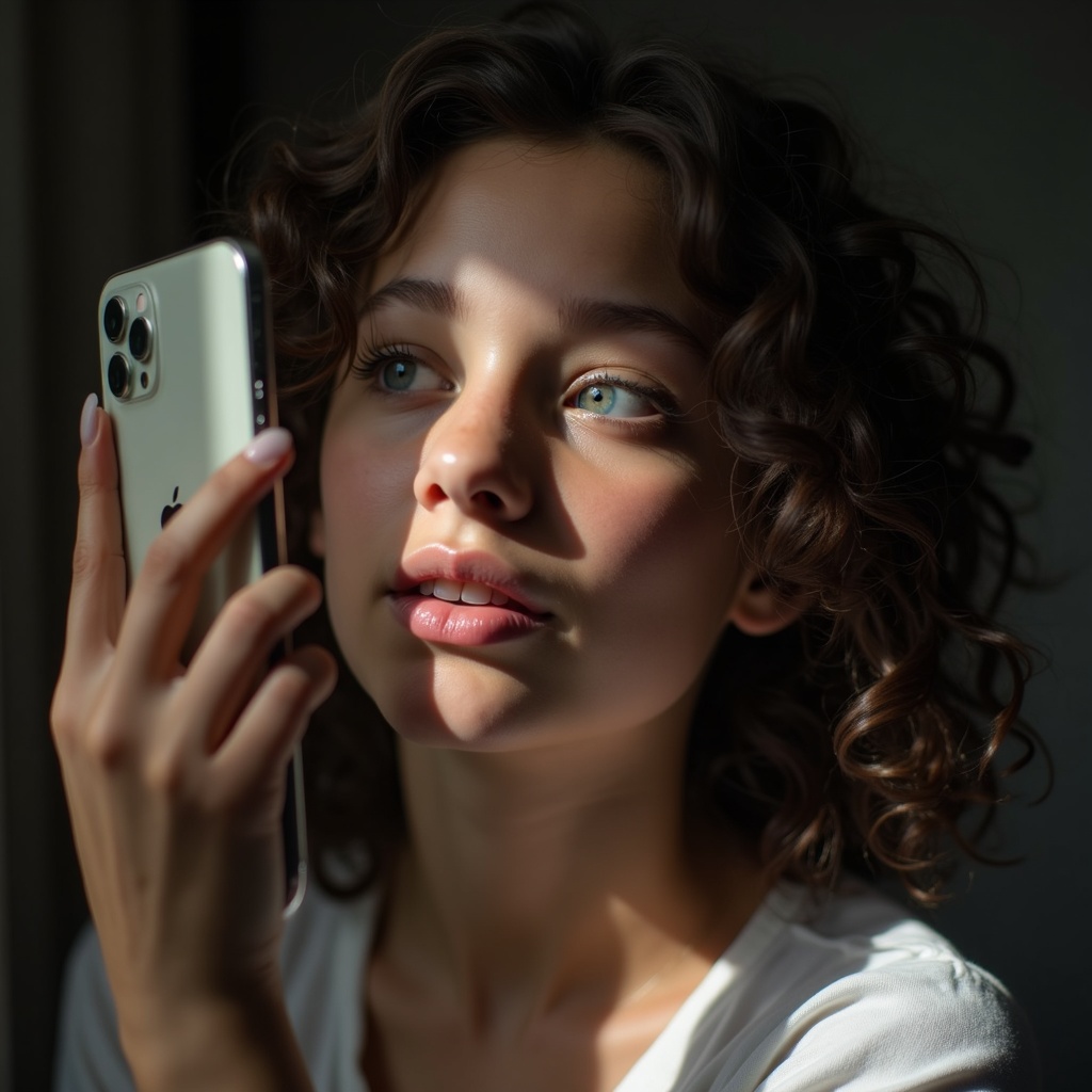 AI generated image by FLUX.1-image-to-image: A close up of a skinny girl 16y with, standing in front of mirror. She raises her iPhone by one hand front of her face and singing while she is looking to the phone's display. Her curly dark brown hair falls gently around her shoulders. her face is behind the phone as she looks at the phone screen and sings while like dancing. Natural light from window. Front view.
The light from the mobile phone falls on his face.