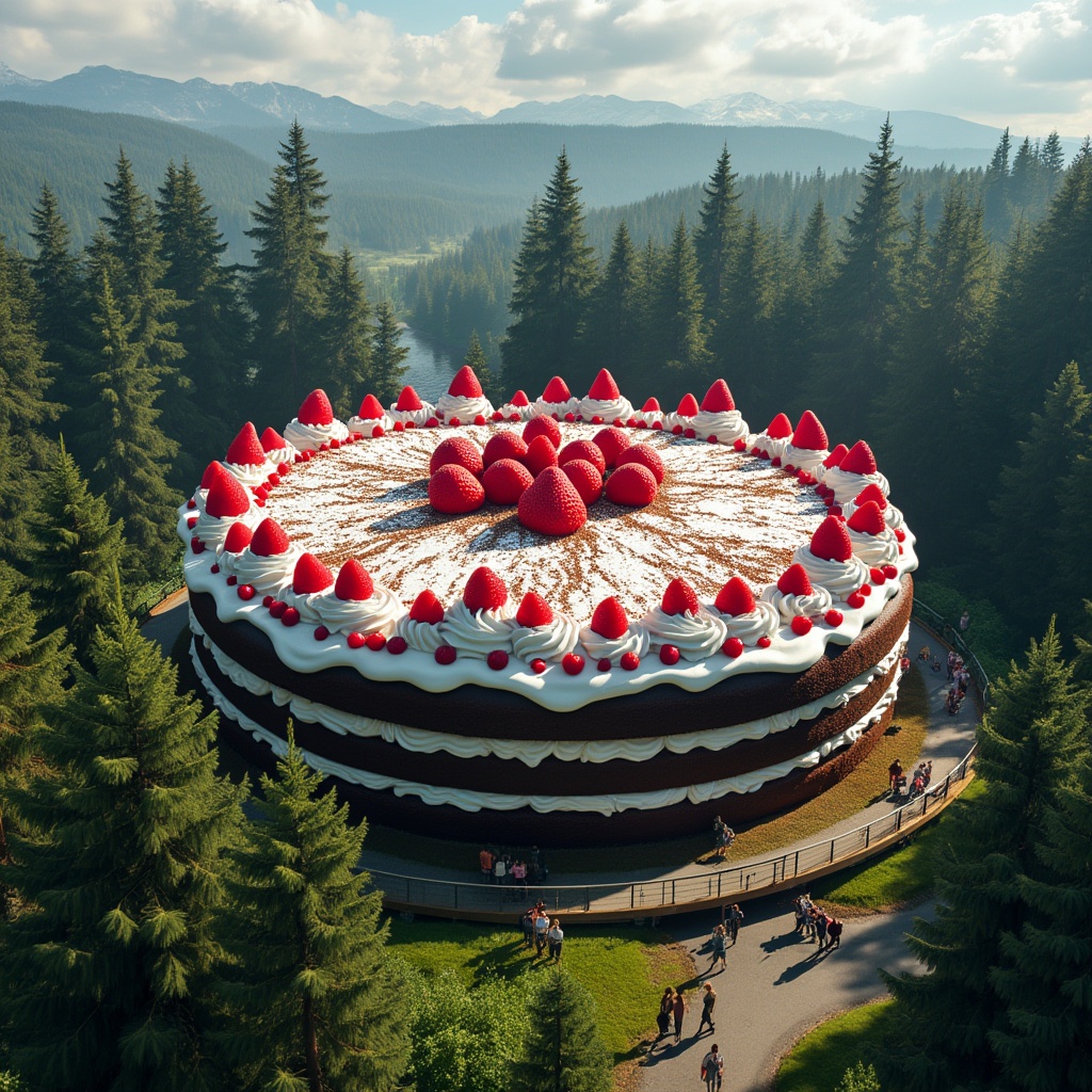 AI generated image by FLUX.1-pro: The world's largest black forest cake, the size of a building, surrounded by trees of the black forest