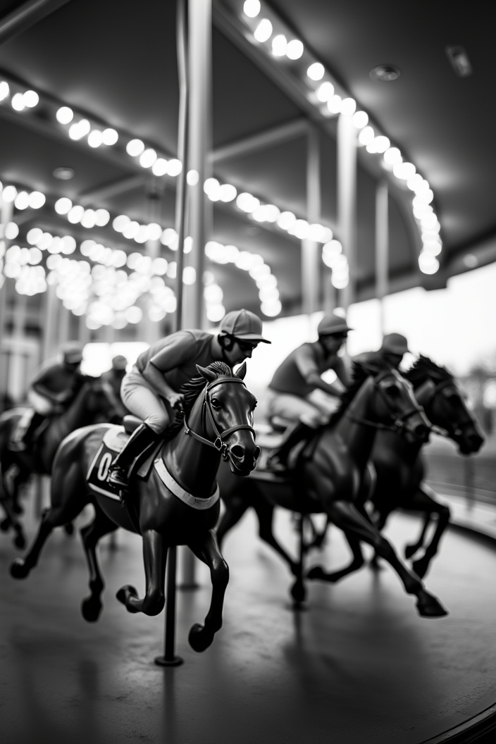 AI generated image by FLUX.1-pro: A closeup black and white photo of jockeys riding carousel. The race contest is very intense and dramatic. Depth of field. Motion blur. Backlight 