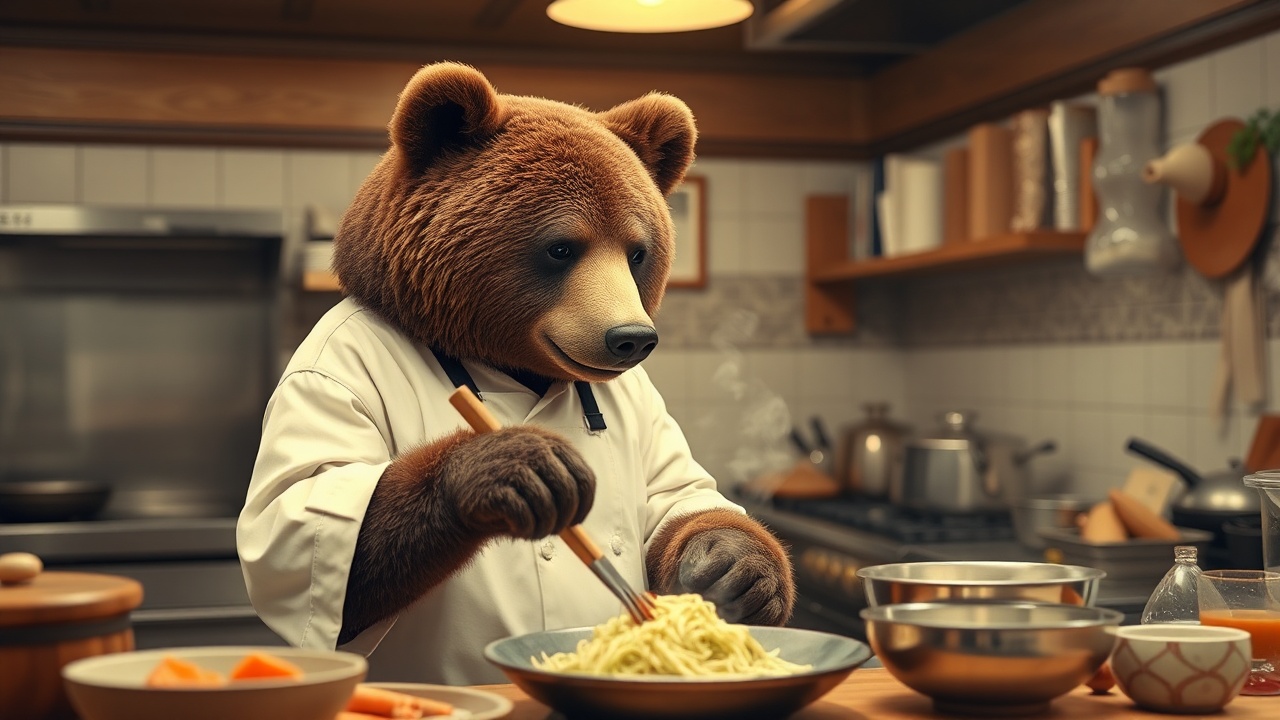 AI generated image by FLUX.1-schnell: a bear cook in a japanese restaurant kitchen
