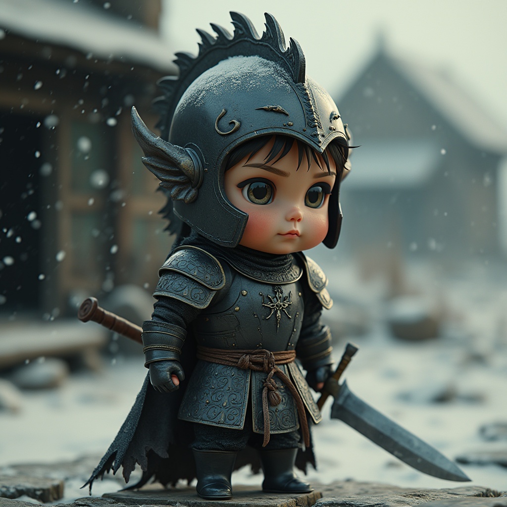 AI generated image by FLUX.1-pro: 3d render, photo, cinematic, dark fantasy, leonardo dicaprio chibi real vestido con armadura medieval, un hacha en una mano y un escudo de madera negra en la otra, cabeza recubierta con casco de colmillos de dragon, ojos color grises, colores vintage, luz natural, entorno un pueblo abandonado en algun lugar del desierto, resolución 8K, beautiful soft lighting, best quality, full body portrait, real image, intricate details, depth of field, in a cold snow storm, fujifilm xt3, outdoors, beautiful lighting, raw photography, 8k uhd , film grain, Unreal Engine 5, ray tracing, skin detail, realistic.