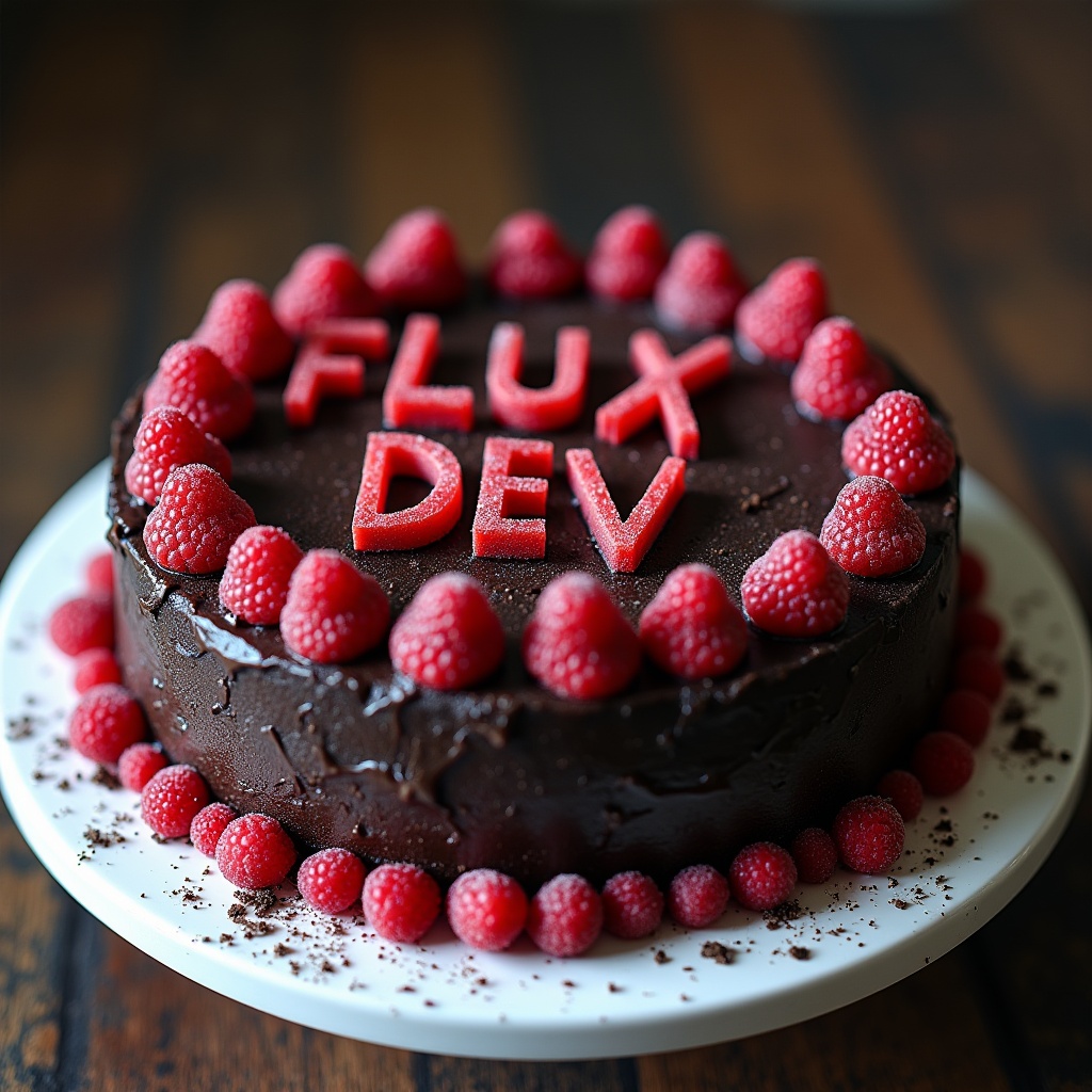 AI generated image by FLUX.1: black forest gateau cake spelling out the words "FLUX DEV", tasty, food photography, dynamic shot