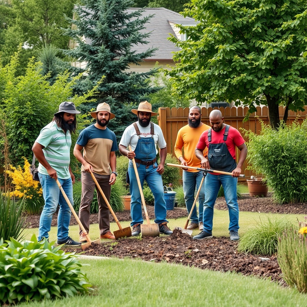 AI generated image by FLUX.1-schnell: Create an image of 4 or 5 Christian gang members, working in a nice yard doing yard work.