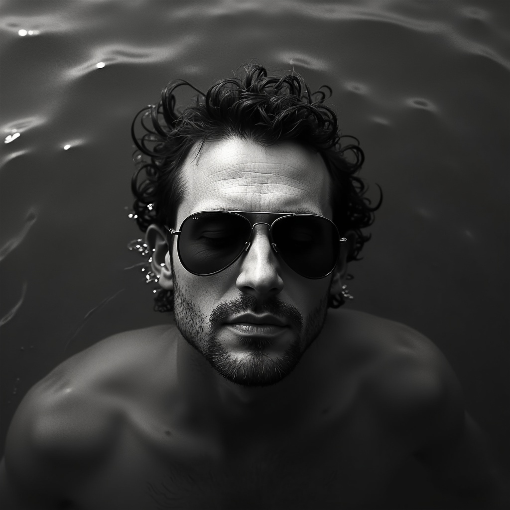 AI generated image by FLUX.1-image-to-image: A black and white photo of a lying man's head just above dark water, sunglasses partially submerged. The camera is low, parallel to the water