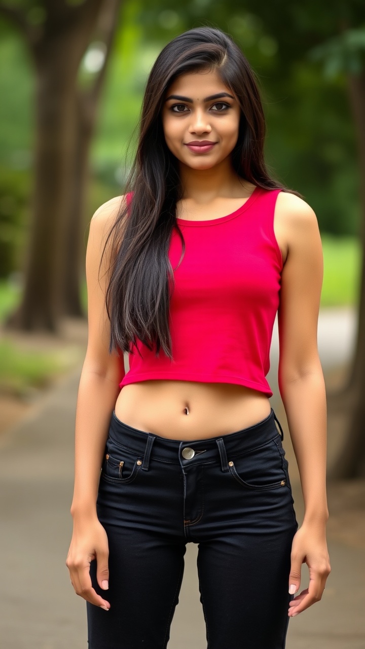 AI generated image by FLUX.1-schnell: A beautiful Indian young newage girl in red cropped tank top and black skinny jeans below the waist Curvy body Figure looking gorgeous 