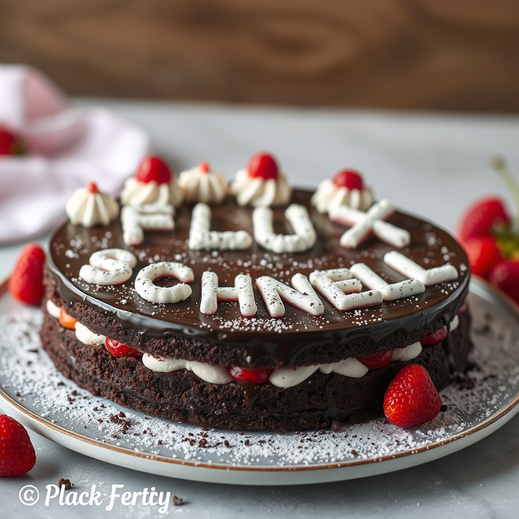 AI generated image by FLUX.1-schnell: black forest gateau cake spelling out the words "FLUX SCHNELL", tasty, food photography, dynamic shot