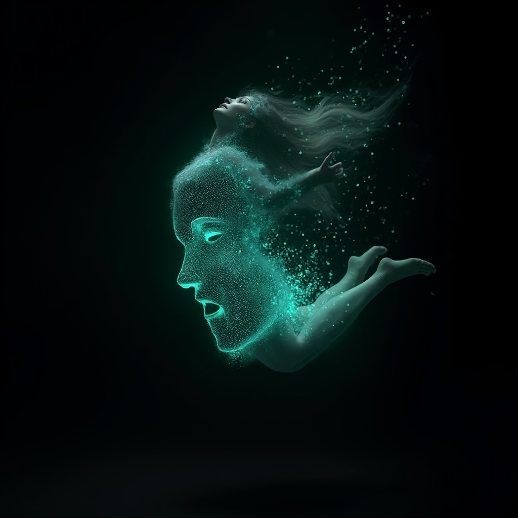 AI generated image by FLUX-Realism-Lora: Ada Lovelace as a dancer that is jumping through the air. Ada Lovelace's face is a digital mask made from thousands of turquoise numbers and formulas forming her face. The numbers and formulas are made from light. the formulas and numbers fly behind the mask leaving a trail of complexity. the mask is floating dynamically in mid air. her head is turned to the right but her eyes are looking directly into the camera. everything is on black background.  like a png with black only background. photo realistic, sci-fi, human features hair