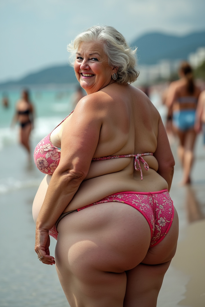 AI generated image by FLUX.1-pro: rear view, the woman's head is turned toward the viewer with a smile on her face, (Fat Gigantic Breasts:1.9), (fat huge ass:1.6), the fat woman in the image is seen full-length, fat old beautiful 80-year-old woman with blue eyes, a woman wearing brightly colored makeup, old wrinkled face, old wrinkled body, old wrinkled legs, wearing a mini bikini swimsuit, standing on the beach, people, the sea, ultra realistic photo, film grain, Fujifilm XT3, dslr, uhd, intricate, sharp focus, soft lighting, RTX, professionally color graded, professional photography, masterpiece, ultra-detailed, high quality, best quality, 4k, 8k, RAW photo